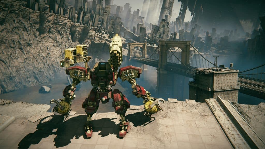 Mech stands with double Gatling in front of a bridge in Armored Core 6