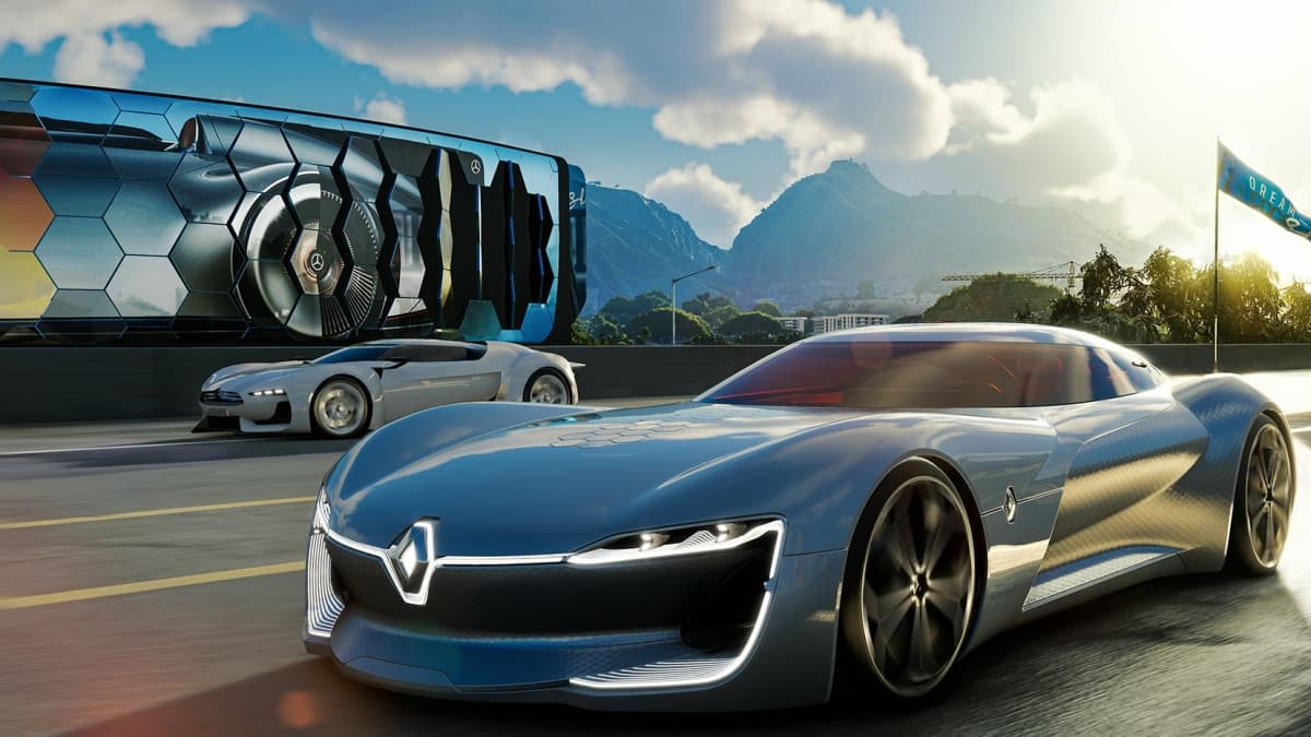 Electric car in futuristic backdrop in The Crew Motorfest
