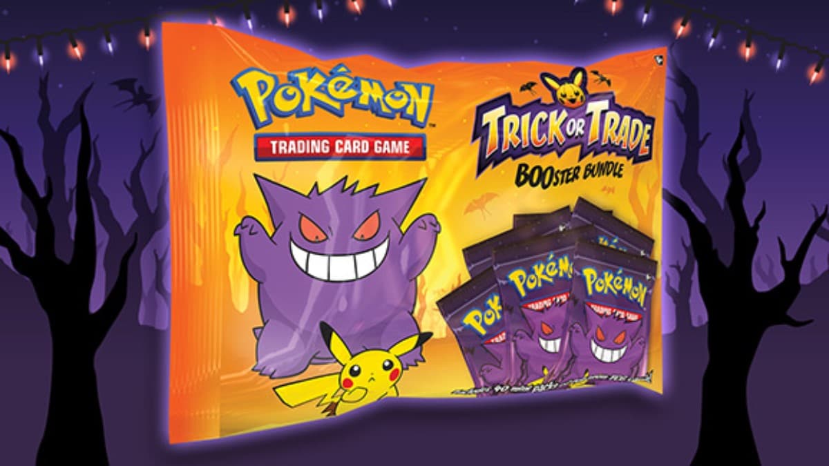 pokemon tcg trick or trade halloween 2023 booster bundle promo image with gengar and pikachu