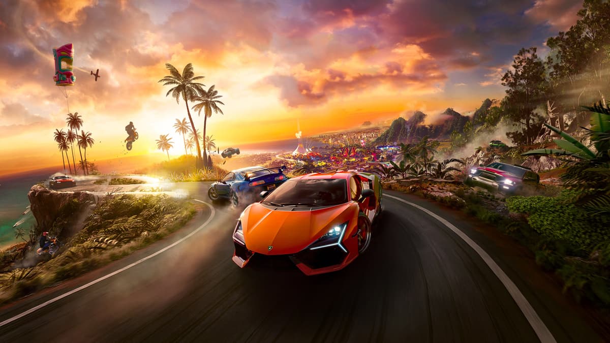 The Crew Motorfest cover art with Lamborghini at front and bikes flying behind as sun sets