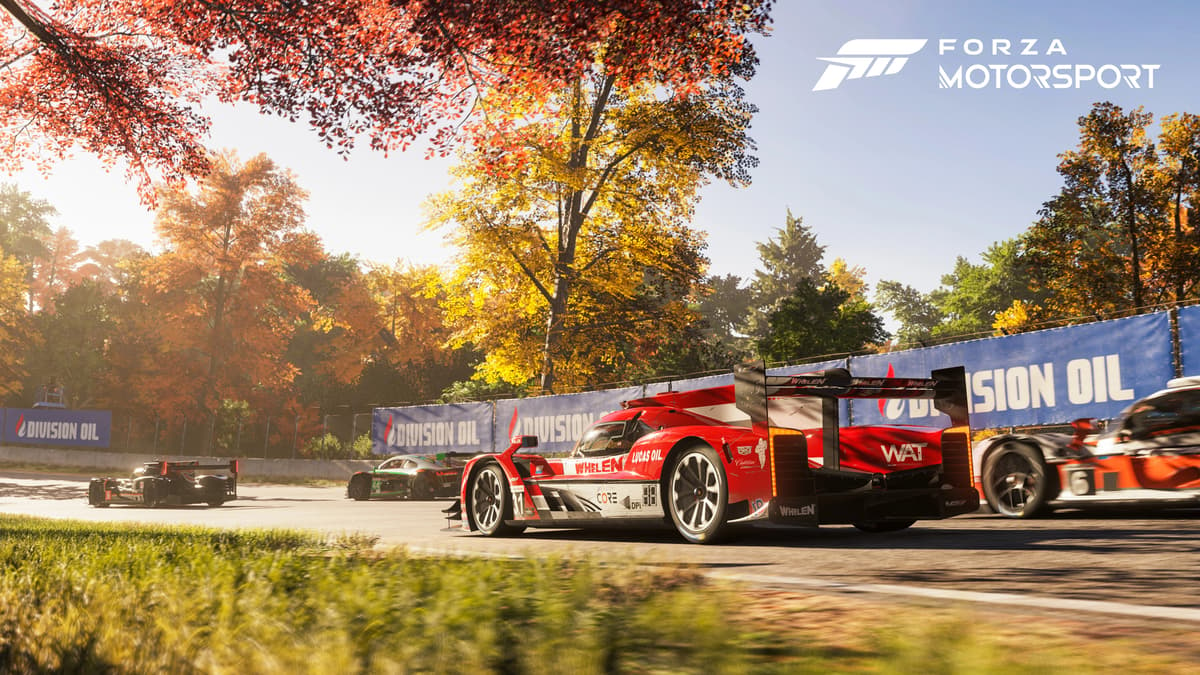 Car racing with yellow trees behind in Forza Motorfest
