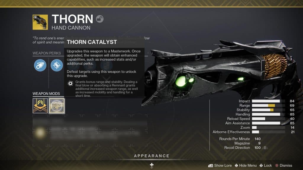 Thron Weapon Page showing catalysts effect