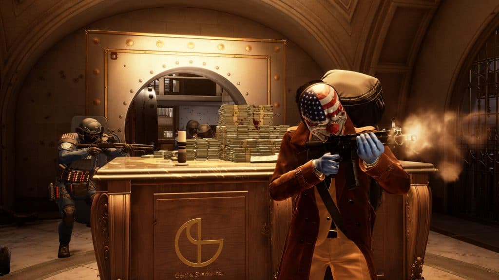Payday 3 character looting a vault.