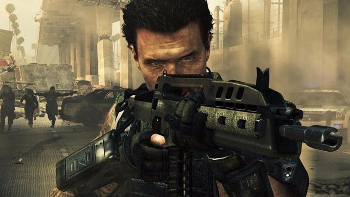 mike harper from call of duty black ops 2 aiming an assault rifle
