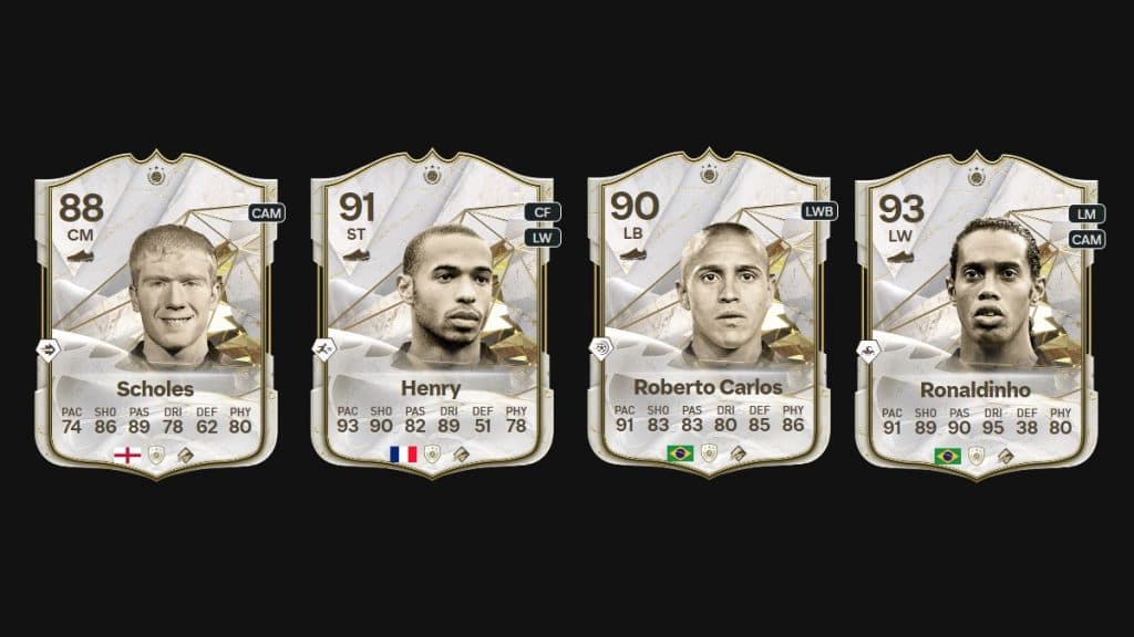 Scholes, Herny, Roberto Carlos, and Ronaldinho's Icon cards in EA FC 24
