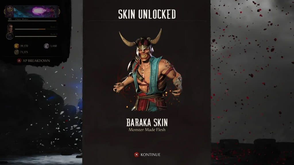 Screengrab of the Baraka Skin reward in Mortal Kombat 1,