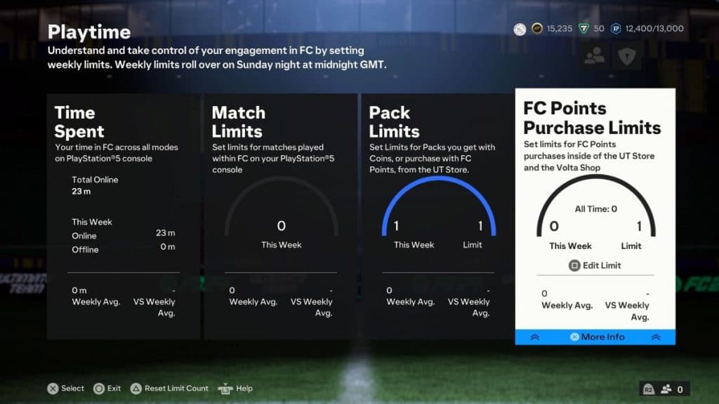 EA FC 24 Ultimate Team spending limits menu