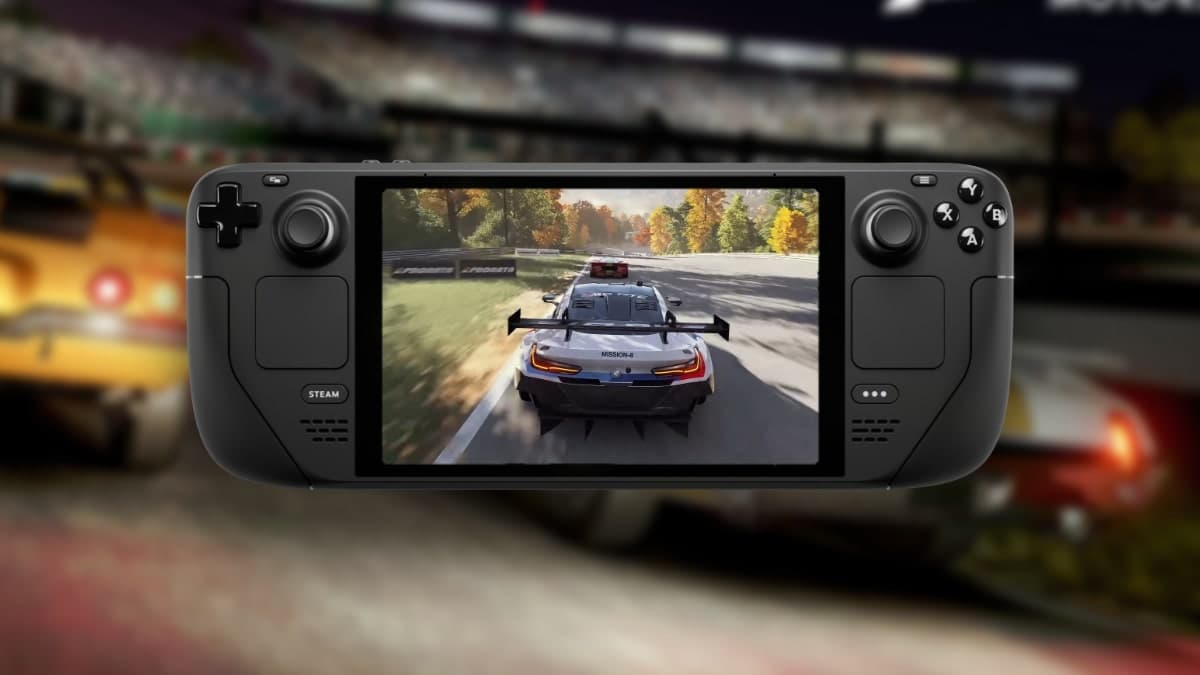Car racing in Autumn in Forza Motorsport on edited Steam Deck