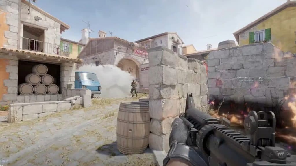 Player shooting at a Terrorist on the new Inferno map in CS2