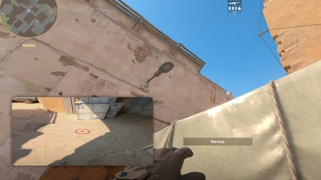 Holding the smoke lineup for mid CT spawn on Dust 2 in CS2