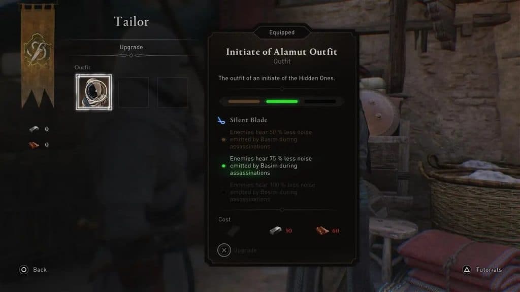 Tailor upgrade menu in Assassin's Creed Mirage