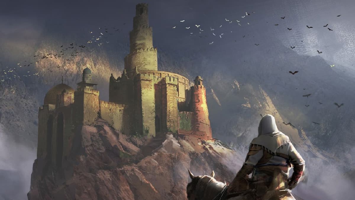 Key art of Basim on a horse looking at the Alamut Castle in Assassin's Creed Mirage.