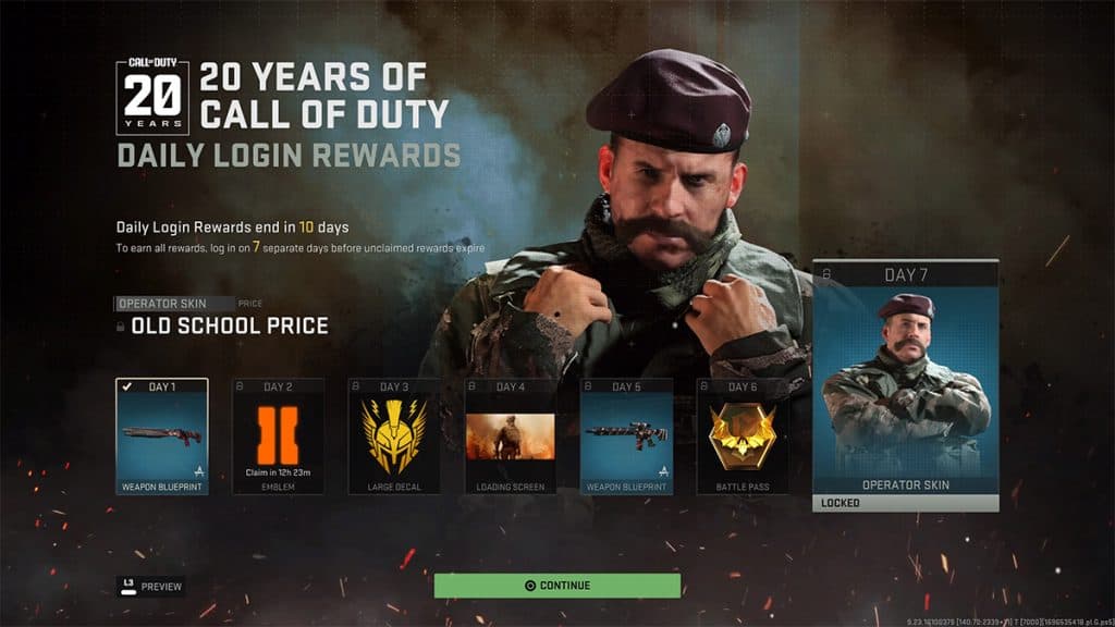 20 years of Call of Duty rewards featuring CoD 2 Cpt. Price Operator skin