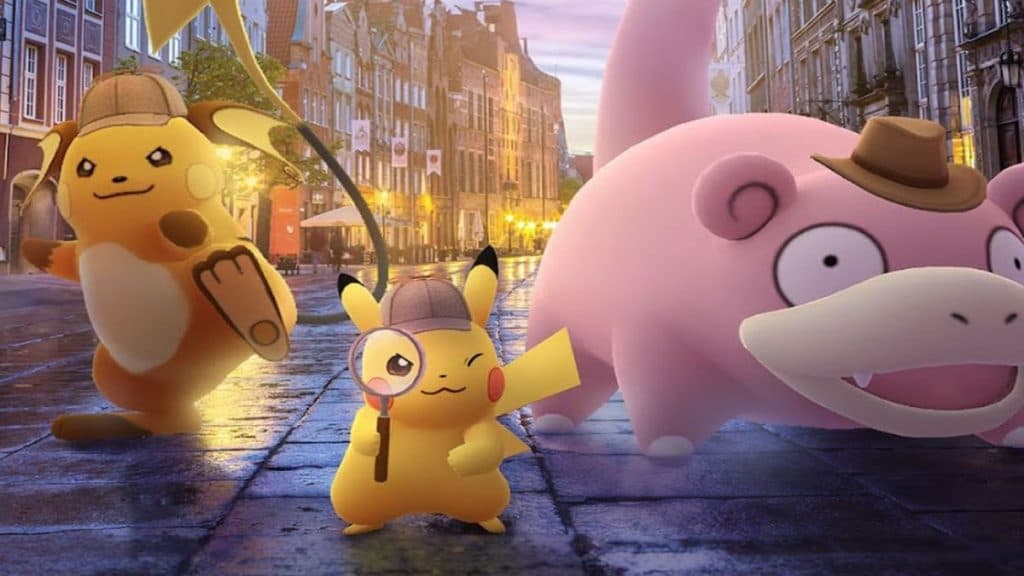pokemon go event species detective pikachu, raichu, and slowpoke in a promo image