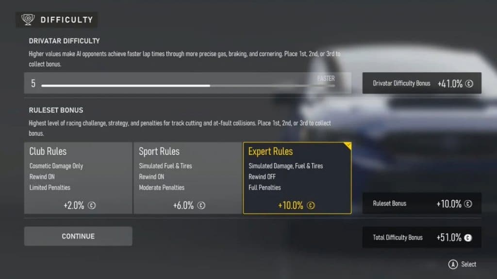 Difficulty settings in Forza Motorsport