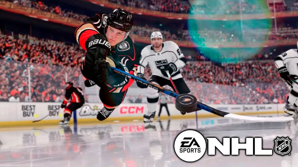 NHL 24 player diving for the puck