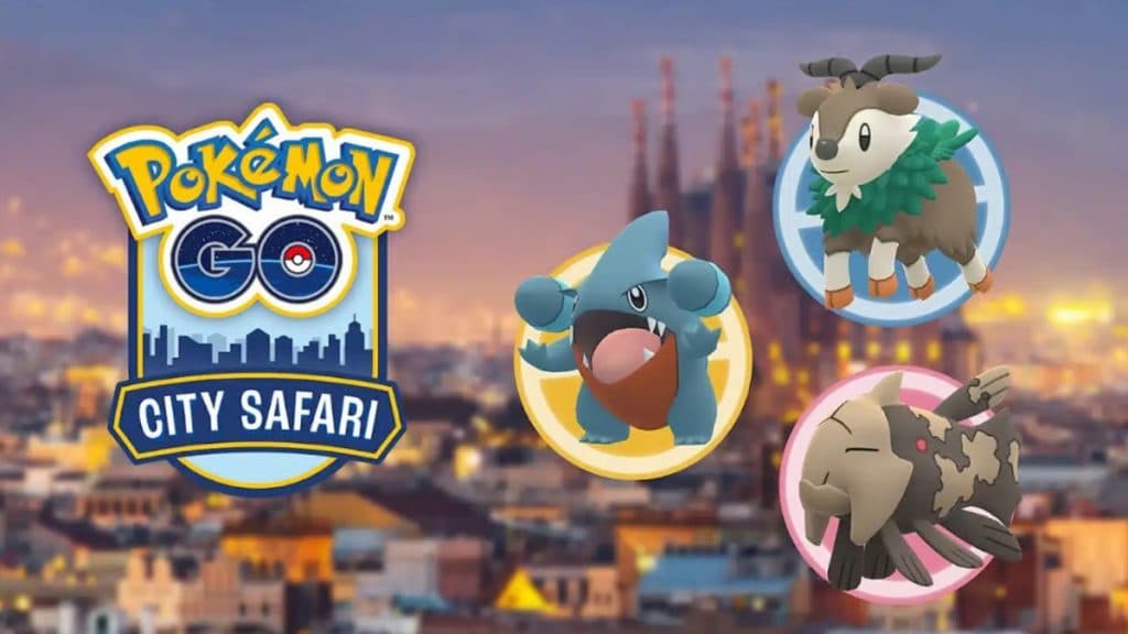 pokemon go city safari event 2023 promo image with skiddo, gible, and relicanth