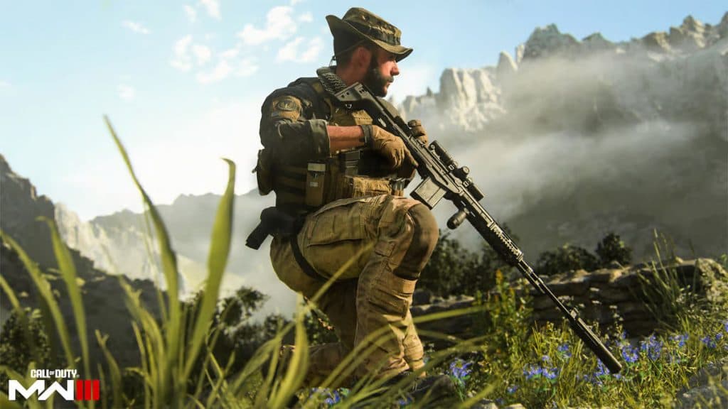 Captain Price crouched in a field in MW3.