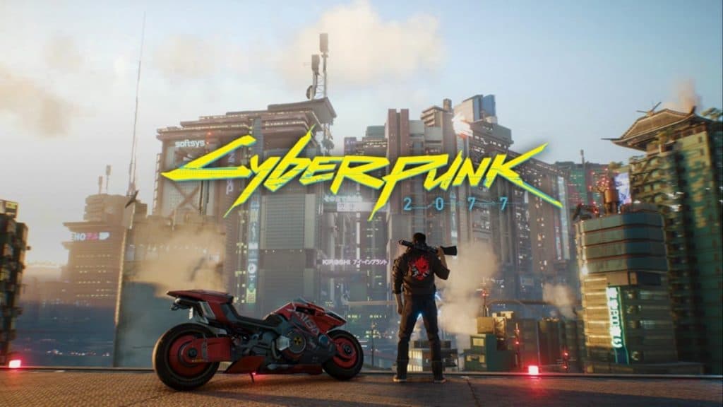 V standing with their motorcycle in Cyberpunk 2077.