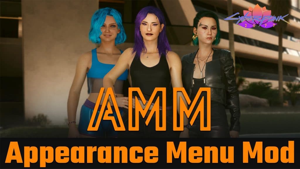 Various Cyberpunk 2077 characters with different outfits using the Appearance Menu Mod.