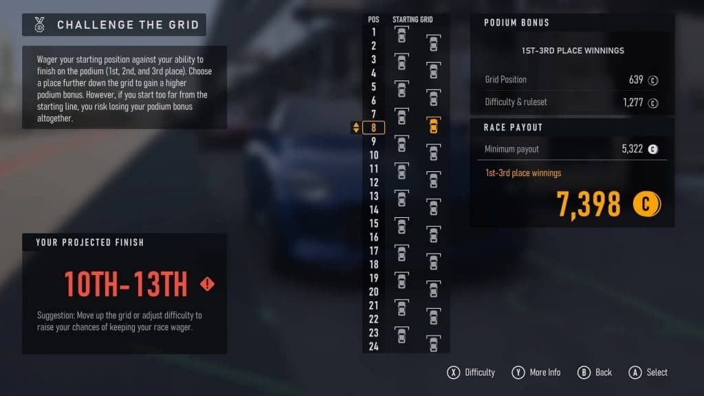 Selecting a grid menu in Forza Motorsport