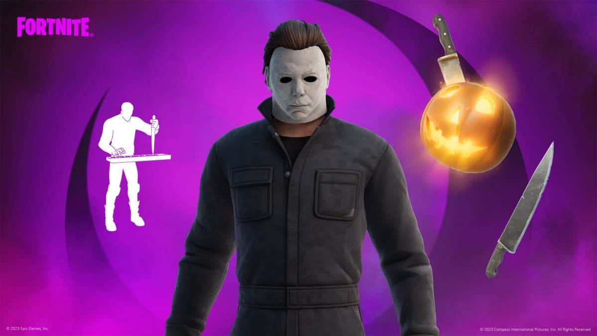 Poster showcasing Michael Myers skin and other bundle items in Fortnite