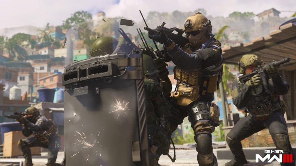 Modern Warfare 3 characters shooting and hiding behind a Riot shield in the reveal posted for the new title