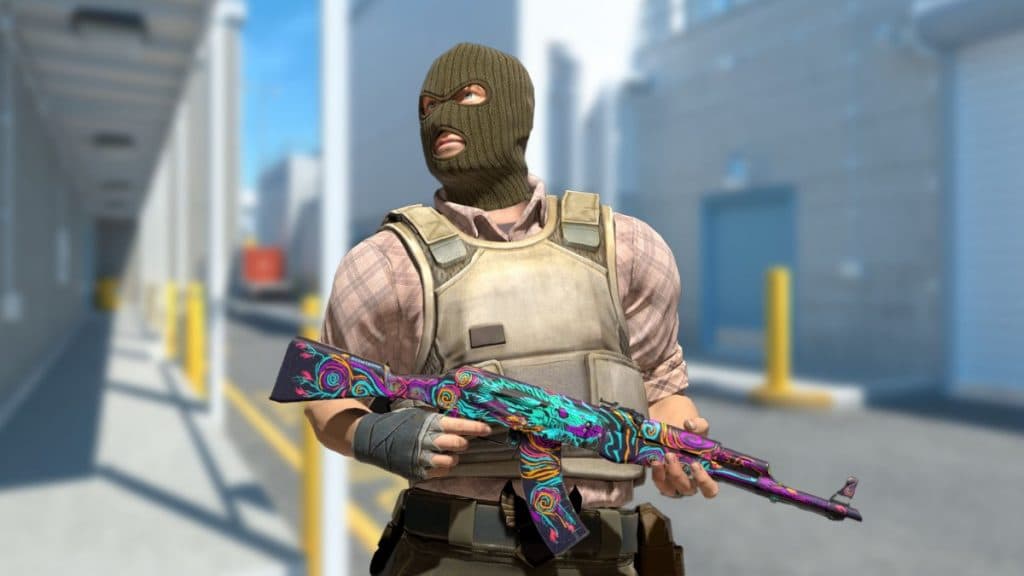 A Terrorist character holding an AK-47 in the T spawn on the Nuke map