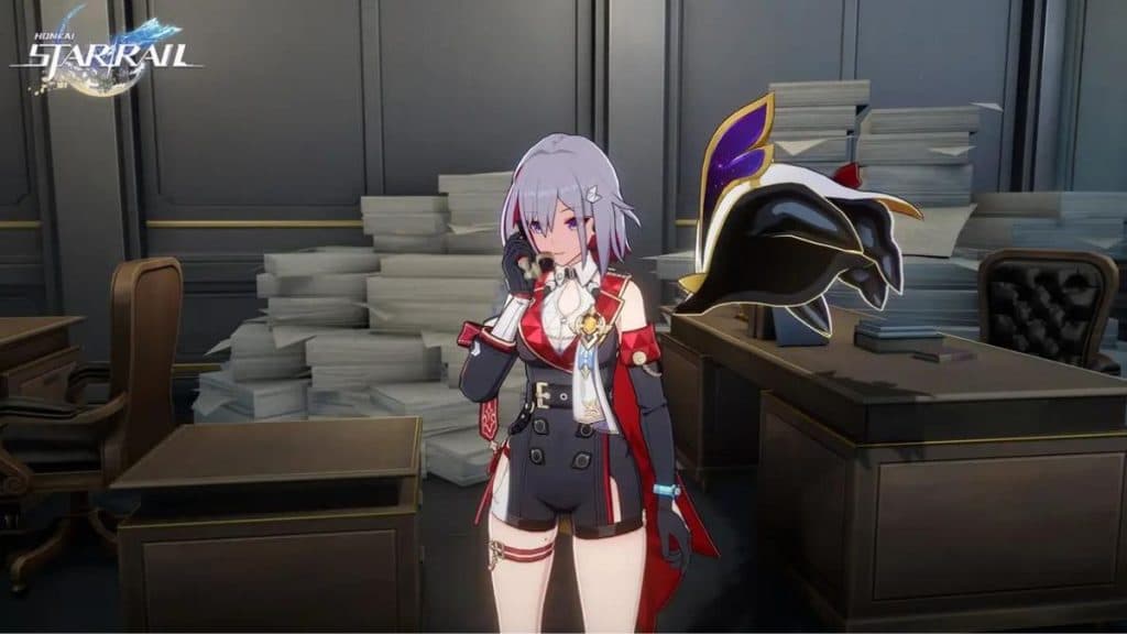Honkai Star Raol character standing in front of a desk