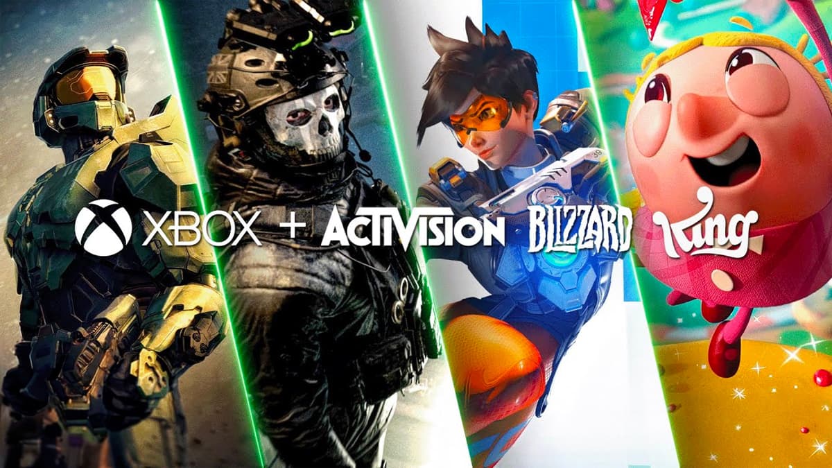 Halo, Ghost Call of Duty, Overwatch, and Candy Crush along Xbox Activision Blizzard King logos