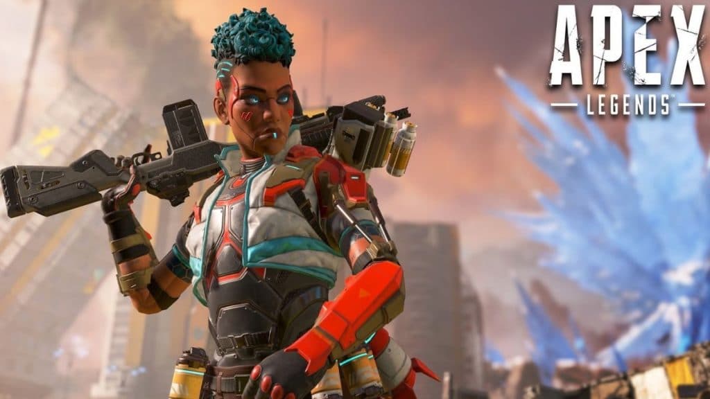 Bangalore holding a gun in the poster for Apex Legends
