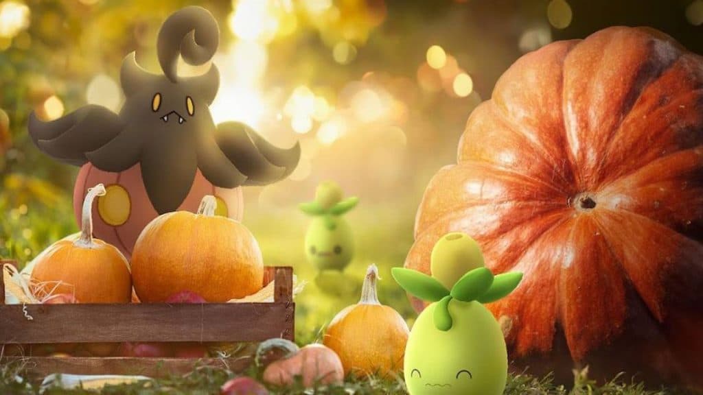 pokemon go pumpkaboo and smoliv promo image from harvest festival event