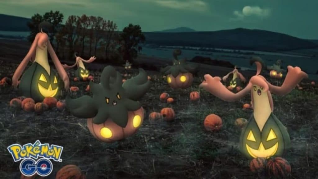 pokemon go spotlight hour image showing pumpkaboo and its evolution gourgeist