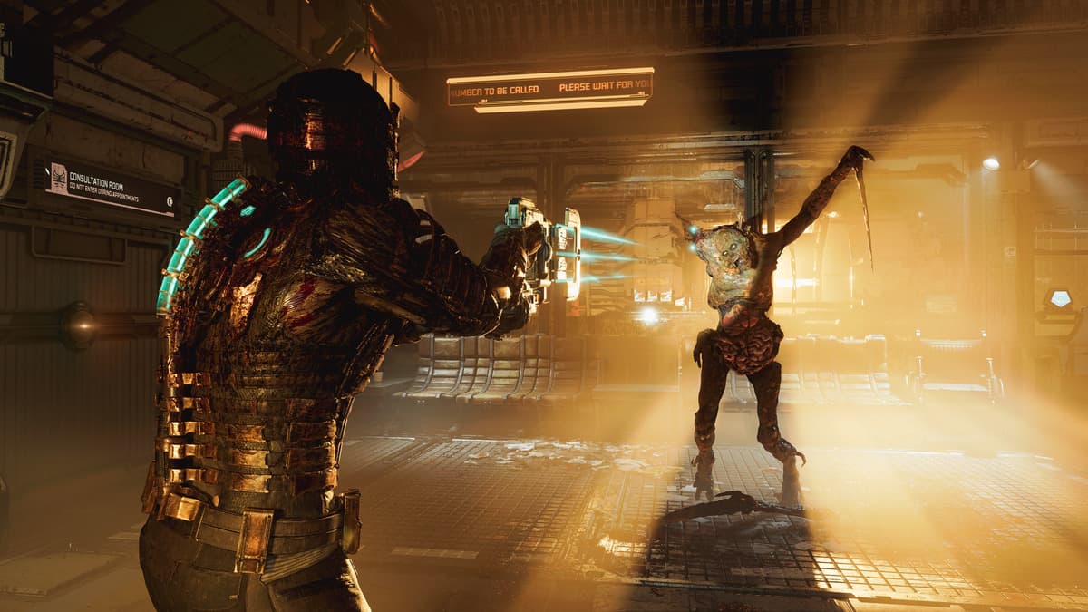 Dead Space main character pointing gun at an alien