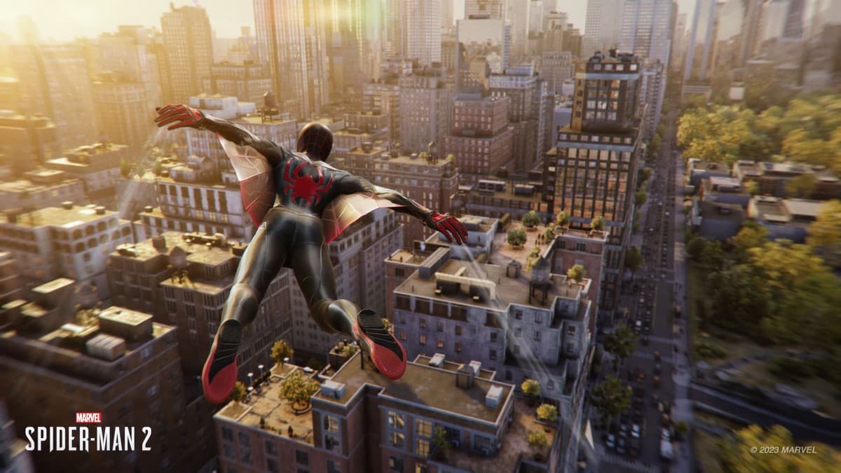 Spider-Man flying over the city in the release poster for Marvel's Spider-Man 2