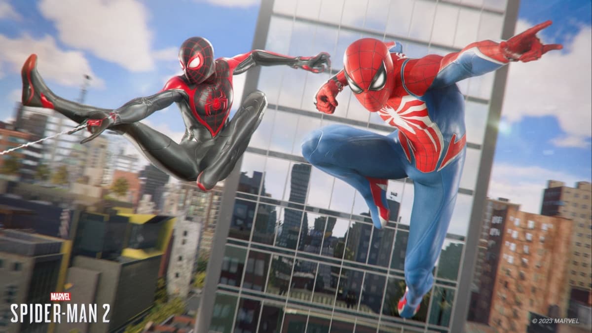 Peter and Miles web slinging in Marvel's Spider-Man 2.