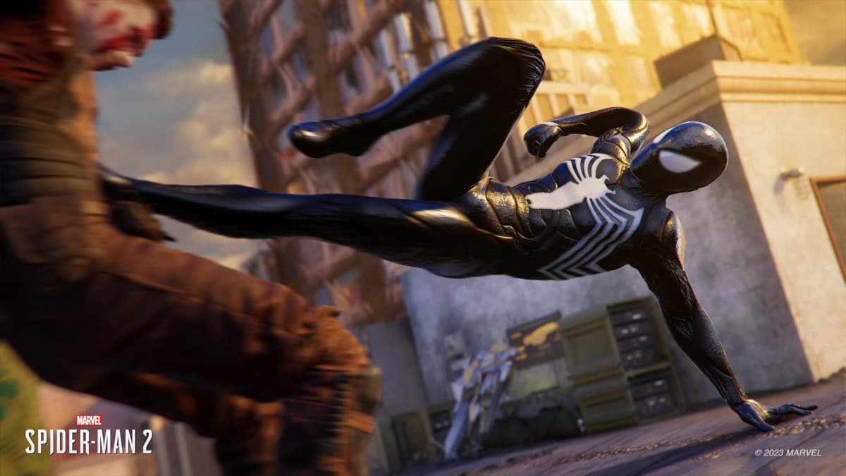 Peter Parker in the Symbiote Advanced Suit in Marvel's Spider-Man 2.