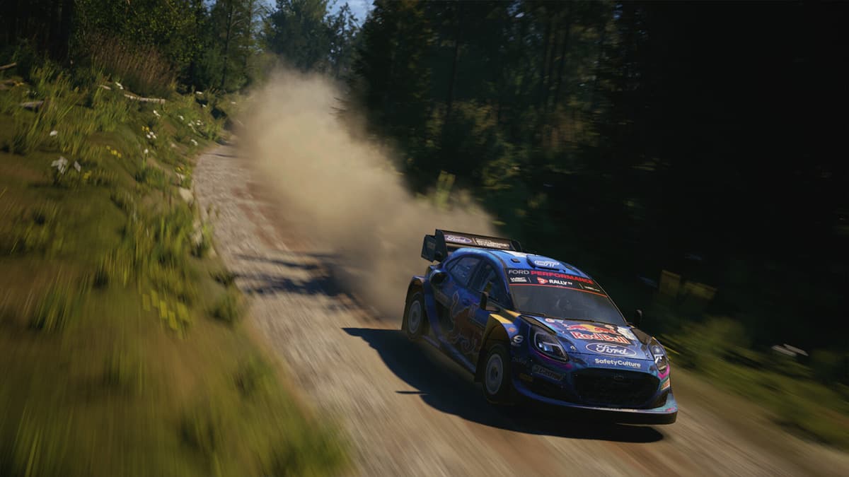Car hurtling and leaving a trail of dust behind in EA Sports WRC