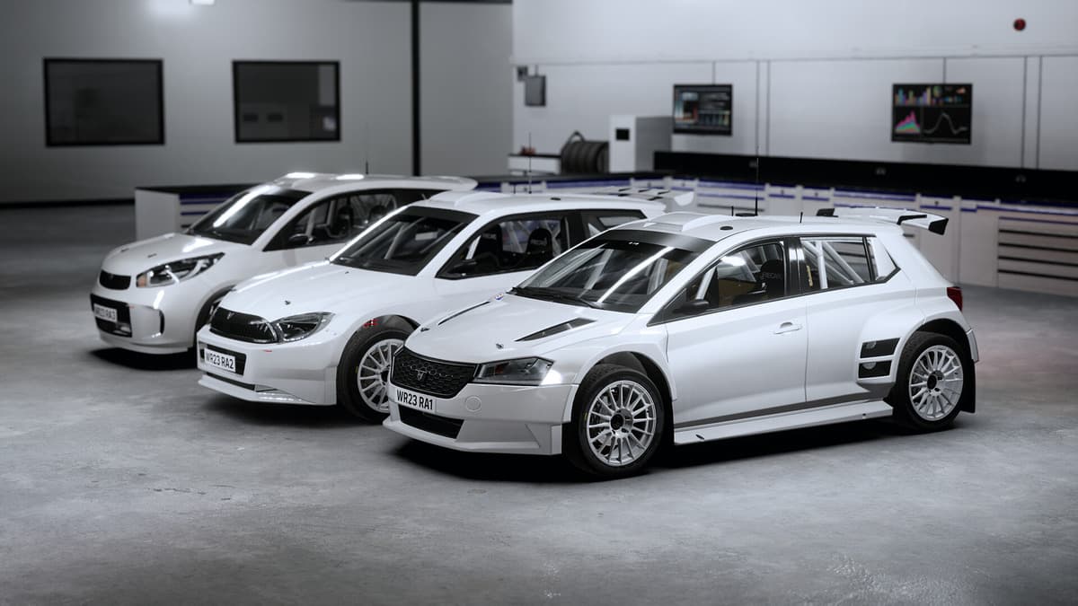 Three white rally cars all lined up to be customised in EA Sports WRC
