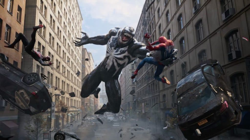 Venom and Peter Parker fighting in New York