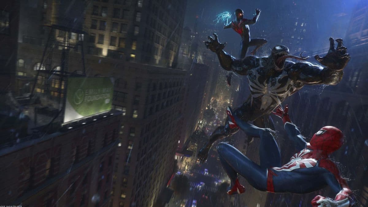 Venom and Spider-Man fighting in Marvel's Spider-Man 2.