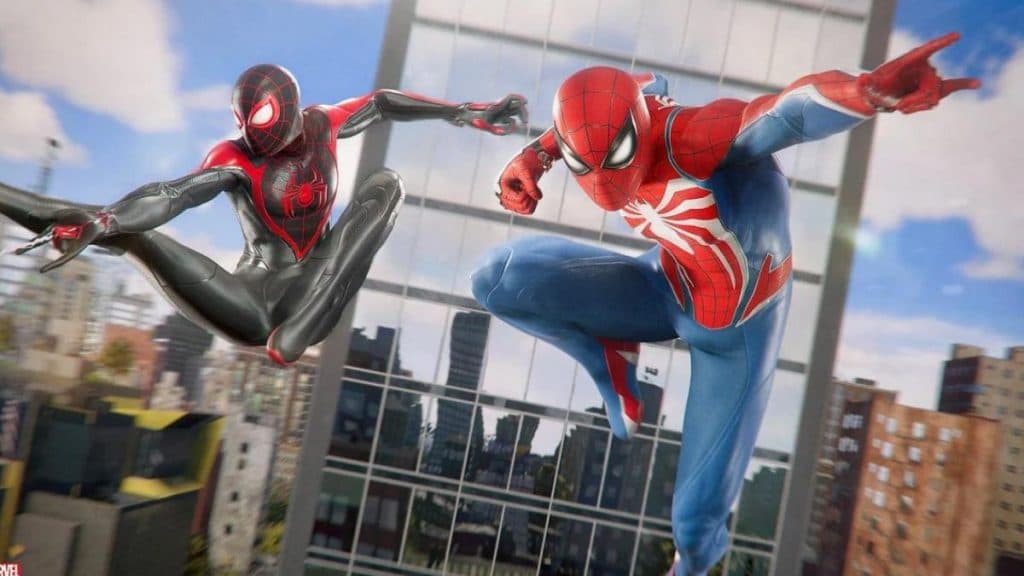 Peter Parker and Miles Morales swinging together in New York