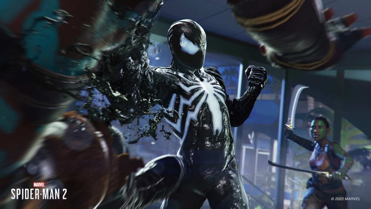 Peter Parker in the symbiote suit fighting enemies