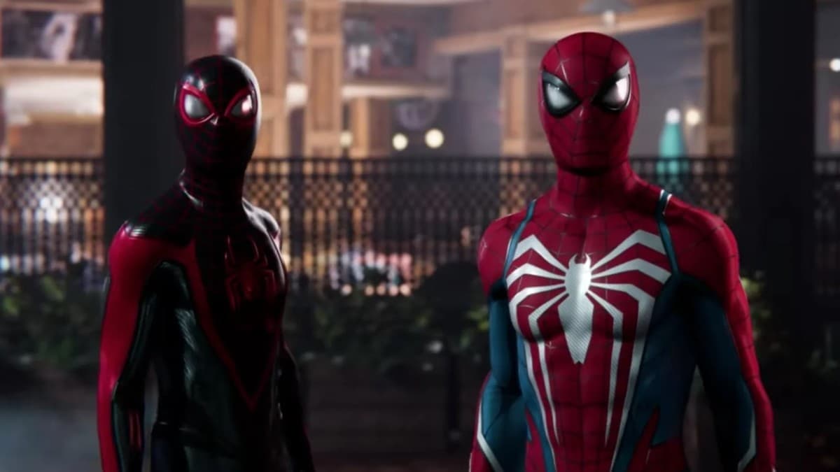 Miles and Peter in their Spider-Men suits in Marvel's Spider-Man 2