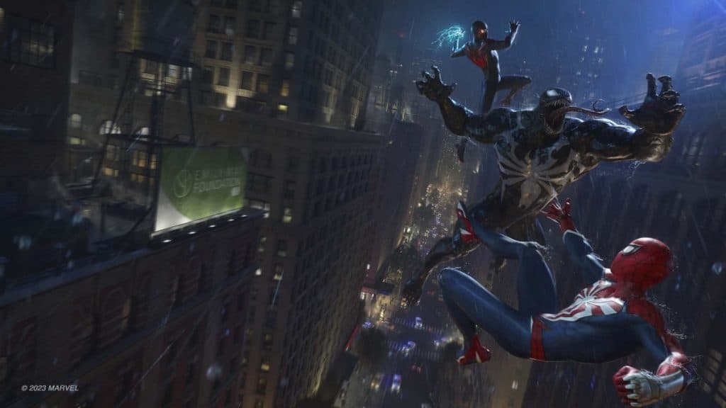 Both Spider-Men fighting Venom while swinging between the skyscrapers
