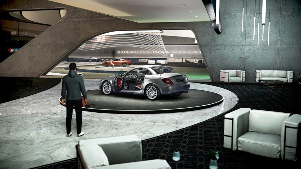 A guy standing in front of his car in the garage in Test Drive Unlimited