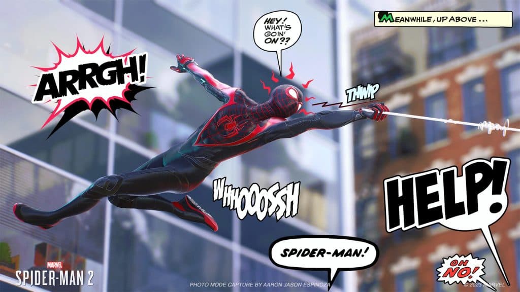 Miles Morales with various stickers in Sticker mode in Marvel's Spider-Man 2.