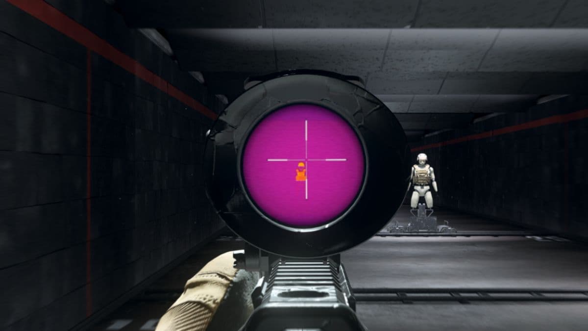 Warzone player aiming Sniper scope in firing range