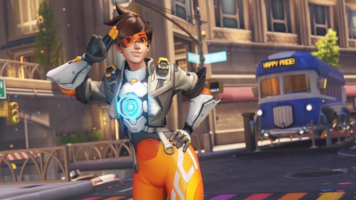 Tracer waving in Overwatch 2's poster