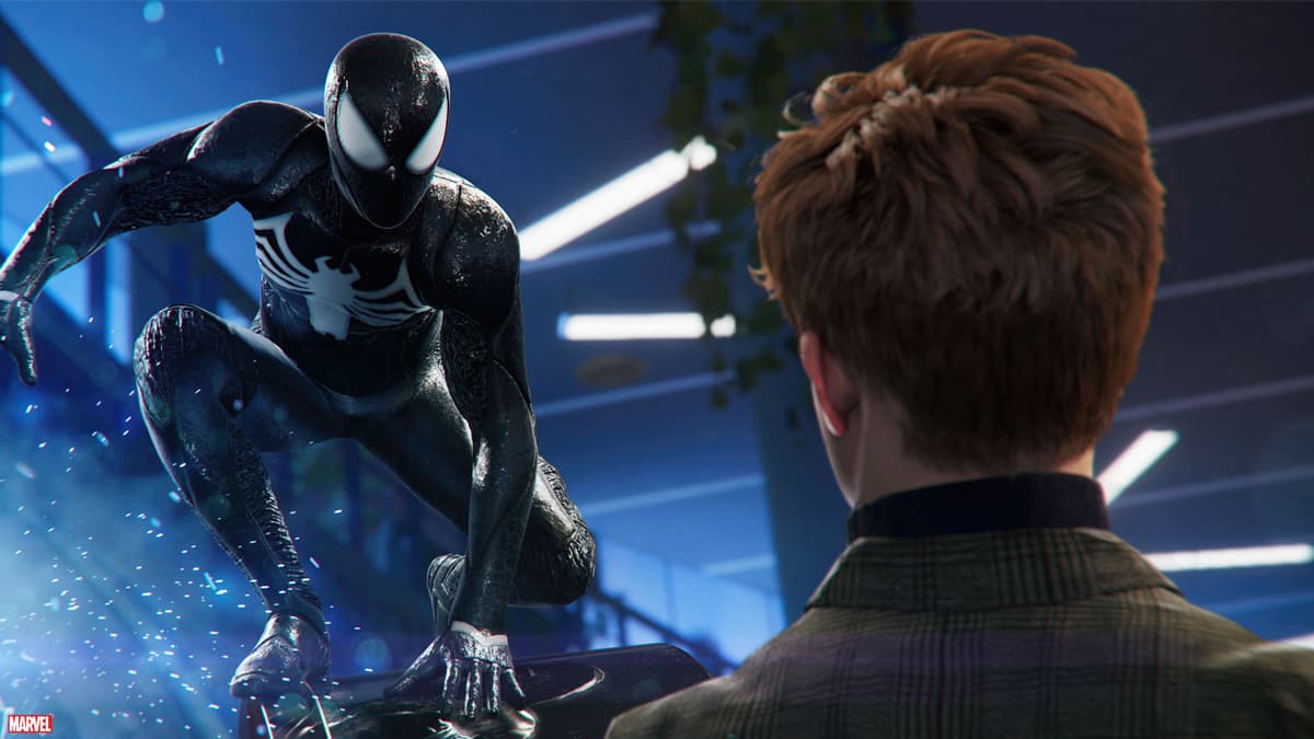 Peter Parker in the Symbiote suit in front of harry